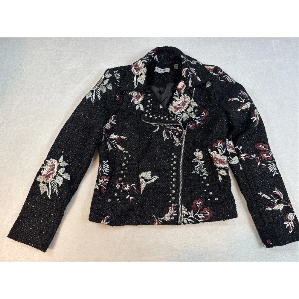 Bagatelle Black‎ Shag Shimmer Embroidered Roses Studded Jacket Blazer XS